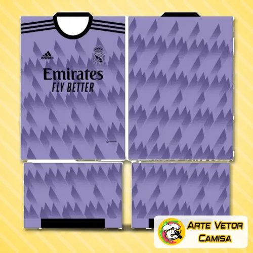 Camisa do Real Madrid com logo no peito e estampa grande nas costas, em design moderno que destaca os detalhes tradicionais do clube, apresentando cores vibrantes e acabamento perfeito para quem ama futebol.