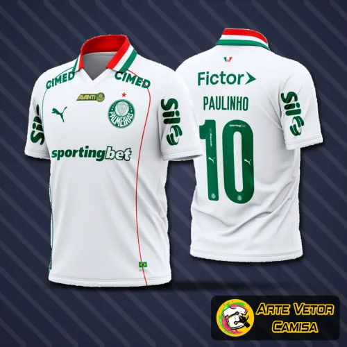 Imagem da camisa do Palmeiras 2026 com logo no peito e estampa grande nas costas, apresentando design moderno e detalhes marcantes que destacam a identidade do time.