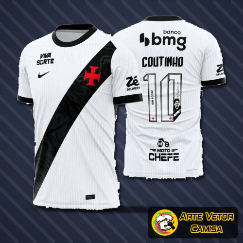 Camisa do Vasco com logo no peito e estampa grande nas costas, destacando o design exclusivo e moderno, ideal para torcedores que valorizam estilo e tradição em uma camiseta esportiva marcante.