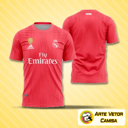 Camisa com logo no peito do Real Madrid e estampa grande nas costas, exibindo design moderno e detalhes que destacam a identidade do time na temporada 2018-2019