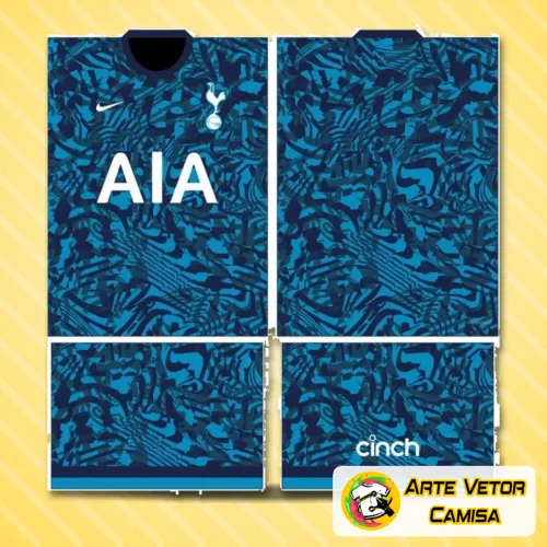 Imagem da camisa Tottenham com logo no peito e uma estampa grande nas costas que destaca o design clássico do time inglês, perfeita para fãs que apreciam os detalhes e a identidade visual do clube.