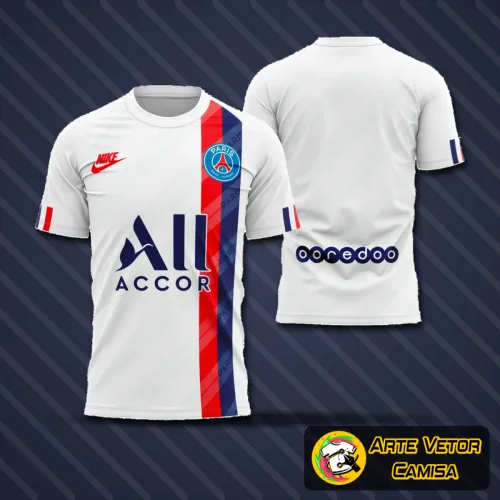 Imagem da camisa com logo no peito e estampa grande nas costas, apresentando design moderno e detalhes marcantes nas cores oficiais do PSG, ideal para torcedores que buscam estilo e autenticidade.