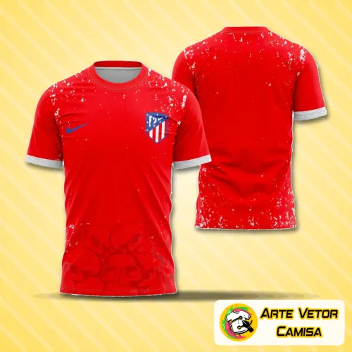 Camisa com logo do Atlético Madrid no peito e estampa grande nas costas, temática Halloween 2023 com design vibrante e moderno que destaca detalhes sombrios e elementos festivos do time espanhol.