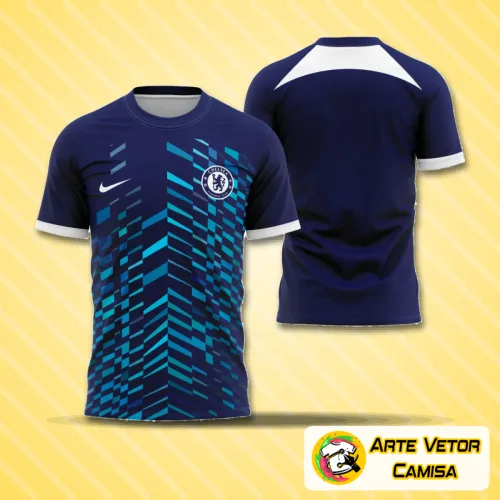 Camisa final com logo no peito e estampa grande nas costas mostrando design moderno em azul e branco, combinando elementos tradicionais e contemporâneos.