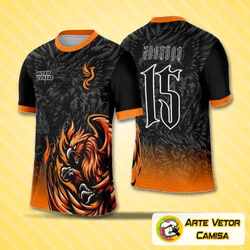 Foto da camisa Fênix com logo no peito e estampa grande nas costas, mostrando um design vibrante e marcante, perfeito para eventos escolares e interclasses.