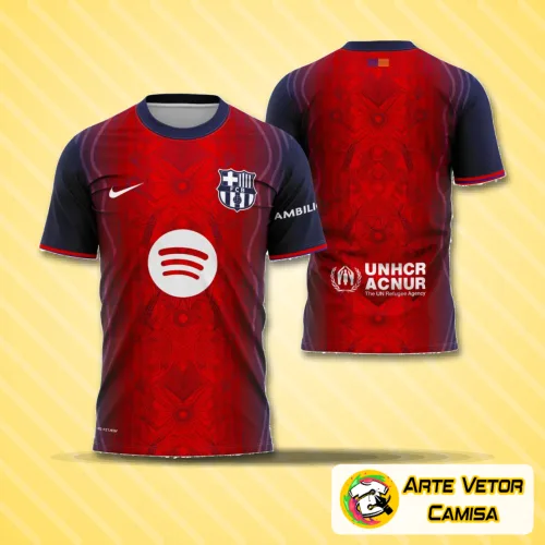 Foto de uma camisa com logo no peito e estampa grande nas costas, exibindo design moderno e inspirado na temática de Barcelona 2025, com detalhes sofisticados e cores vibrantes.