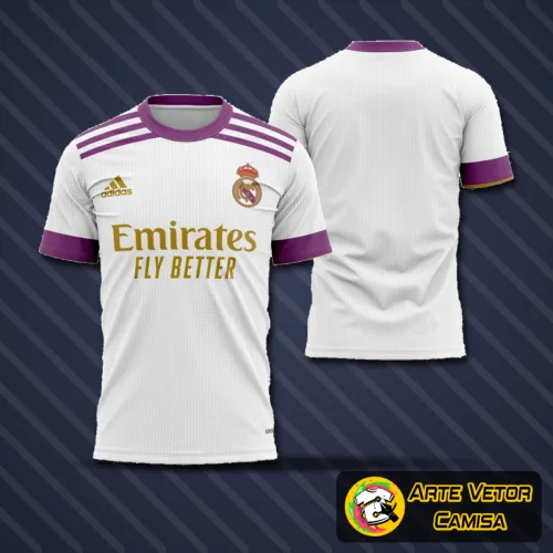 Camisa branca com logo no peito do Real Madrid em destaque e estampa grande nas costas simulando o conceito de design do time em 2022