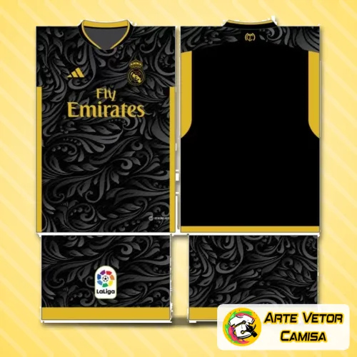 Imagem de uma camisa Real Madrid com o logo no peito e uma estampa grande nas costas, destacando detalhes modernos e design atraente em estilo esportivo
