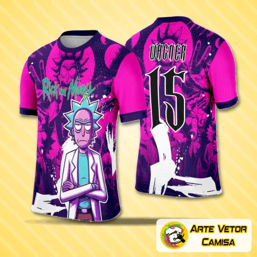 Camisa mostrando o logo no peito com detalhes vibrantes e uma estampa grande nas costas cheia de cores e personagens do Rick and Morty, perfeita para quem quer estilo e atitude em um único look