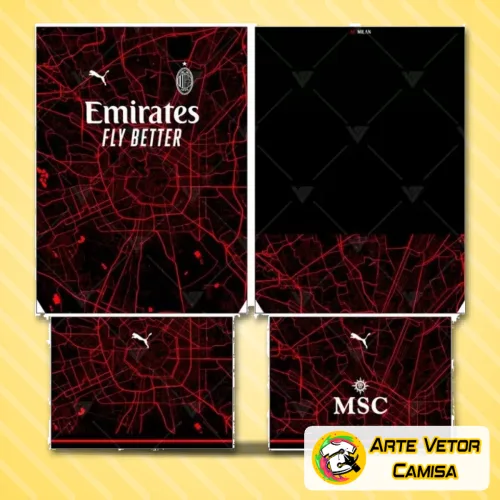 Foto da camisa com logo no peito e estampa grande nas costas, apresentando um design moderno e vibrante inspirado no AC Milan, destacando cores e elementos que representam a paixão pelo time.