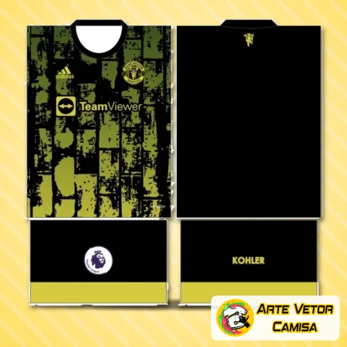 Imagem da camisa Manchester United com logo no peito e estampa grande nas costas destacando o design moderno e exclusivo para 2024.