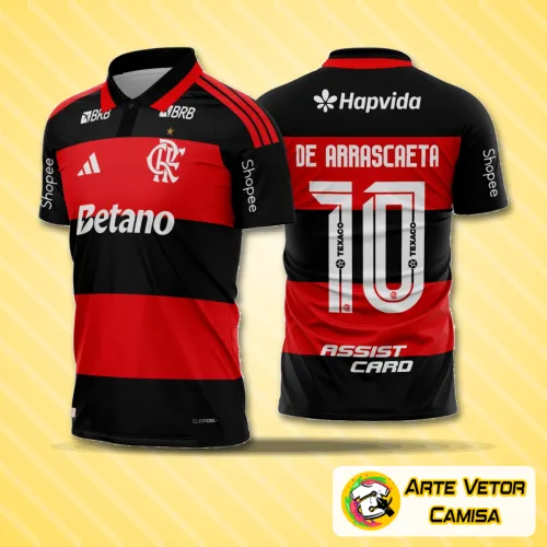 Camisa do Flamengo com o logo no peito e estampa grande nas costas em destaque, exibindo as cores tradicionais e design moderno que representam a paixão rubro-negra em cada detalhe.