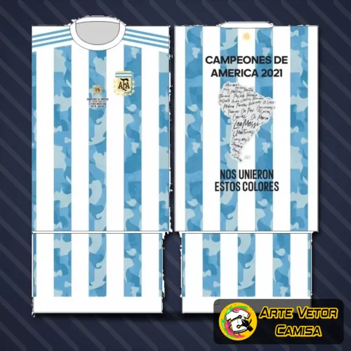 Camisa branca com logo no peito e estampa grande nas costas inspirada na seleção Argentina, detalhes em azul e branco destacando o estilo esportivo e moderno.