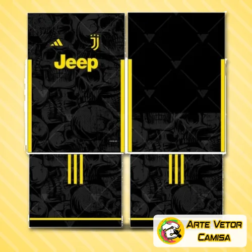 Camisa Juventus com logo no peito e estampa grande nas costas, mostrando design moderno e cores vibrantes que destacam o estilo único dos fãs do time.