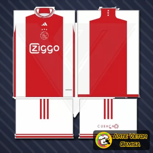 Camisa Ajax com logo no peito e estampa grande nas costas, exibindo detalhes icônicos em vermelho, branco e preto que representam a identidade do time com destaque visual e estilo marcante.