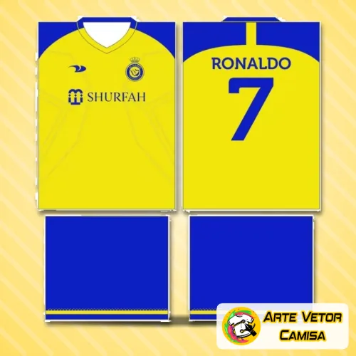 Imagem de uma camisa Al Nassr com um logo no peito e uma estampa grande nas costas, destacando as cores vibrantes e detalhes do design com estilo envolvente e moderno.