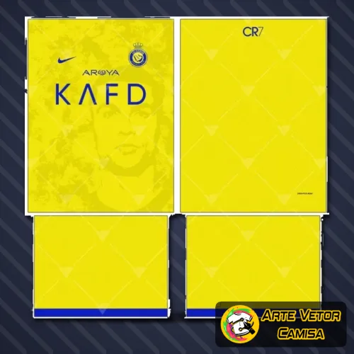 Camisa estilizada Al Nassr com logo no peito e estampa grande nas costas, mostrando detalhes vibrantes e design moderno que valoriza a identidade do time.