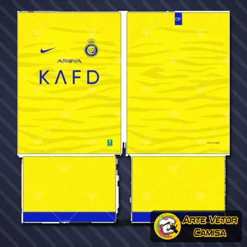 Camisa esportiva com logo no peito e estampa grande nas costas, destacando as cores vibrantes e o design único inspirados no clube Al Nassr.