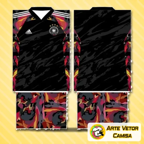 Camisa Alemanha branca com logo no peito e estampa grande nas costas em cores tradicionais, destaque para detalhes modernos e visual marcante que remete ao estilo do time alemão