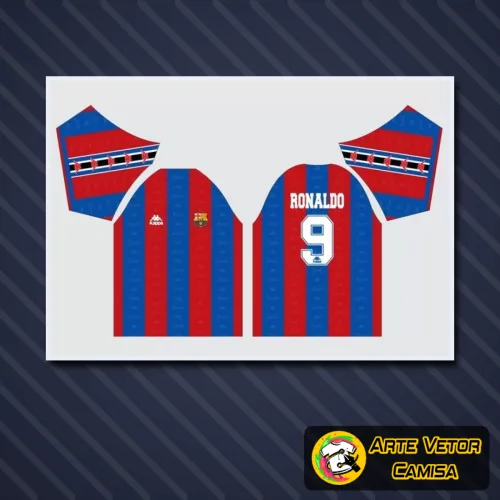 Camisa Barcelona com logo no peito e estampa grande nas costas, destacando detalhes vibrantes com cores vermelho, azul e amarelo, perfeita para quem é fã do estilo e da identidade do time.