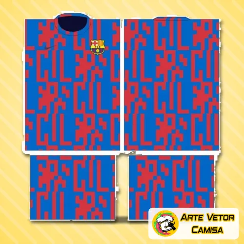 Camisa branca com logo no peito e estampa grande nas costas em cores vibrantes, estilo Barcelona, ideal para quem ama futebol e design moderno.