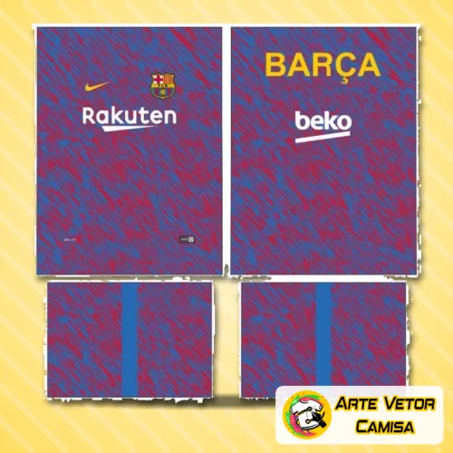 Camisa Barcelona com logo no peito e estampa grande nas costas destacando design moderno e vibrante, com cores que remetem à equipe e visual impactante e esportivo.