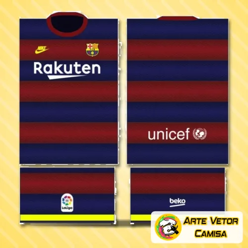 Camisa Barcelona com logo no peito e estampa grande nas costas em destaque, cores vibrantes e design moderno que evidenciam o amor pelo time.