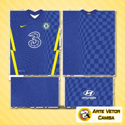 Camisa Chelsea com logo no peito em destaque e estampa grande nas costas mostrando um design moderno e vibrante, perfeita para fãs do time que desejam uma peça exclusiva e estilosa