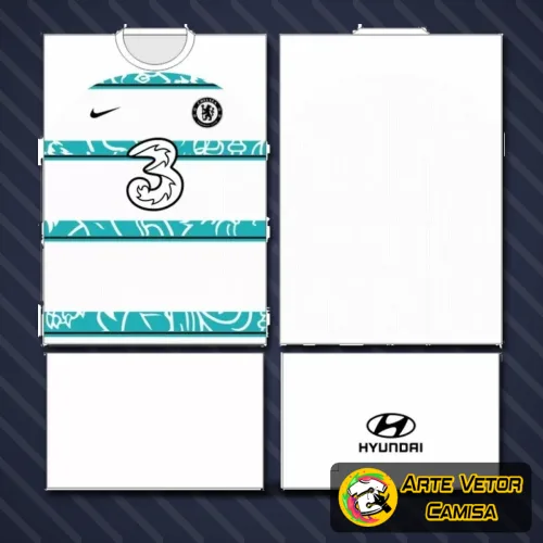 Camisa Chelsea com logo no peito e estampa grande nas costas mostrando design sofisticado e cores vibrantes, perfeita para destacar a paixão pelo time com estilo único e moderno.