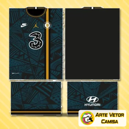 Foto da camisa Chelsea com logo no peito e estampa grande nas costas, design moderno e vibrante que destaca a paixão pelo clube com cores marcantes e detalhes cuidados na impressão.