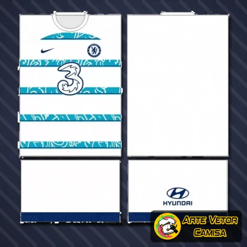 Camisa com logo no peito e estampa grande nas costas, destacando o clássico design do Chelsea em cores vibrantes e detalhes que realçam o estilo autêntico do time.