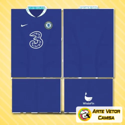 Camisa Chelsea com logo no peito e estampa grande nas costas, apresentando um design moderno e vibrante, ideal para quem deseja um visual marcante e cheio de personalidade.