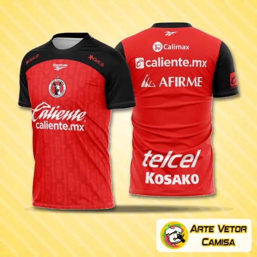 Imagem de uma camisa com o logo no peito e uma estampa grande nas costas, exibindo o design característico do Club Tijuana para a temporada 2025-2026 com cores vibrantes e detalhes marcantes.
