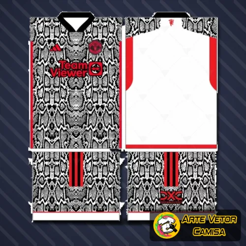 Camisa vermelha com logo no peito do Manchester United e estampa grande nas costas destacando design moderno e vibrante, perfeita para fãs do clube de futebol.