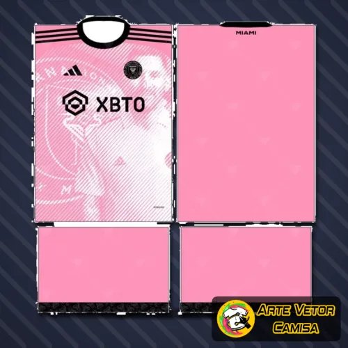 Foto da camisa com logo no peito e estampa grande nas costas, exibindo o estilo único e vibrante do time Inter Miami numa combinação marcante de cores.