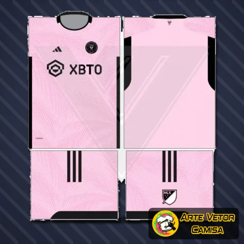 Camisa estilizada do Inter Miami com logo no peito e estampa grande nas costas, exibindo design moderno e vibrante perfeito para torcedores que querem mostrar sua paixão pelo time.
