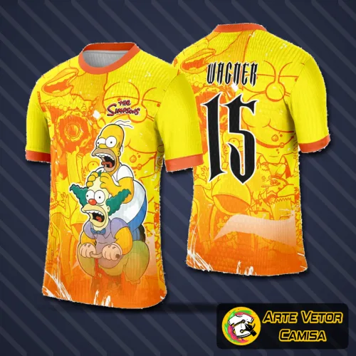 Camisa com logo no peito e estampa grande nas costas apresentando personagem Homer Simpson em estilo marcante e divertido para eventos escolares e interclasses.