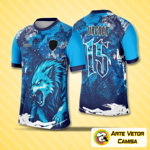 Camisa com logo no peito em destaque, exibindo estampa grande nas costas com tema Lobo Azul, em tons vibrantes e detalhes que ressaltam a identidade do interclasse.
