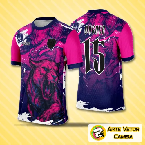 Camisa branca com logo no peito em destaque e estampa grande nas costas apresentando uma pantera estilizada, ideal para eventos de interclasse com visual marcante e moderno.