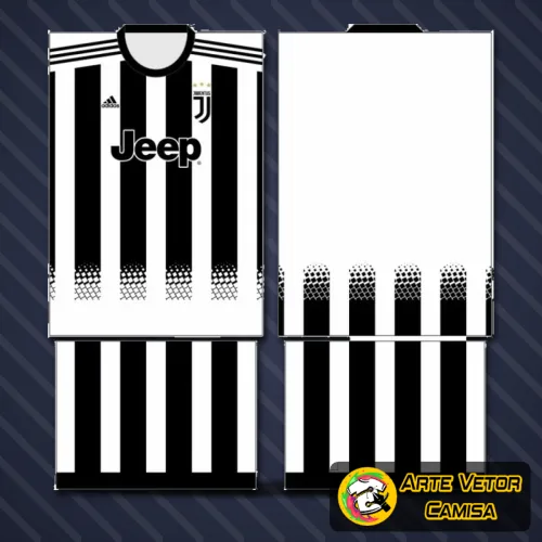 Camisa com logo da Juventus no peito e estampa grande nas costas, exibindo design moderno e vibrante que destaca a paixão pelo futebol de forma estilosa e impactante.