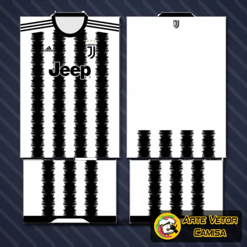Camisa Juventus com logo no peito e estampa grande nas costas, destacando o design moderno e esportivo em preto e branco que representa a paixão pelo futebol e a tradição do clube italiano.
