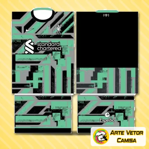 Camisa com logo no peito e estampa grande nas costas, destacando cores vibrantes num visual moderno e autêntico inspirado no time Liverpool.