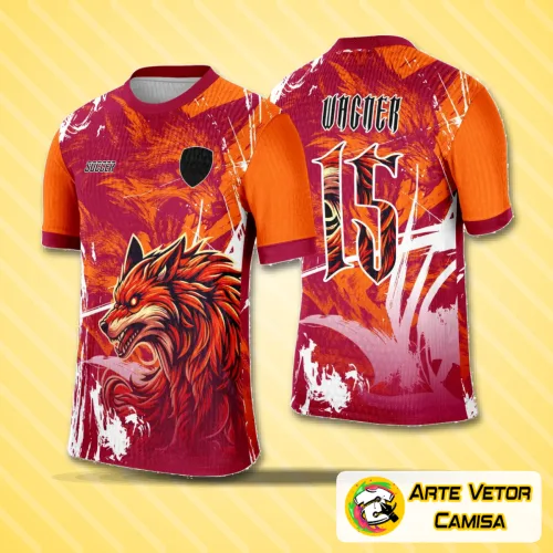 Camisa com logo no peito e estampa grande nas costas com design Lobo Laranja em cores vibrantes, destacando o espírito de competição e união do interclasse.