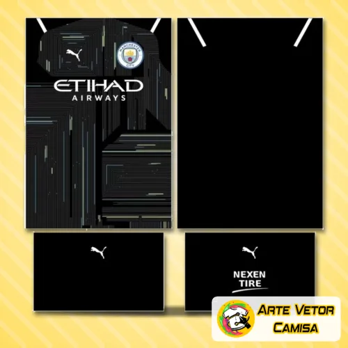 Camisa com logo no peito e estampa grande nas costas, destacando as cores e estilo moderno do Manchester City na sua edição conceito 2024, com detalhes vibrantes e um visual contemporâneo e esportivo.