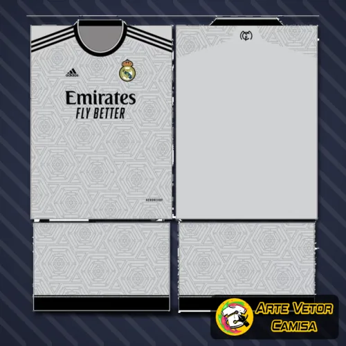 Foto de uma camisa do Real Madrid com logo no peito em destaque e uma estampa grande nas costas, mostrando detalhes vibrantes e cores marcantes que remetem à paixão pelo clube.