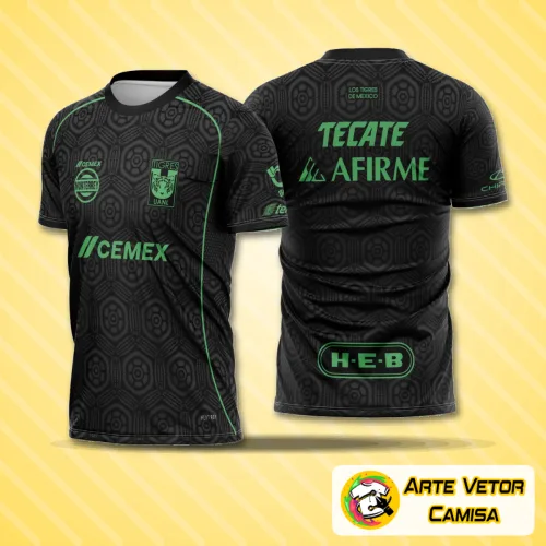 Camisa final do Tigres UANL com logo no peito e estampa grande nas costas vibrante nas cores oficiais do time, proporcionando um visual autêntico e marcante para torcedores.