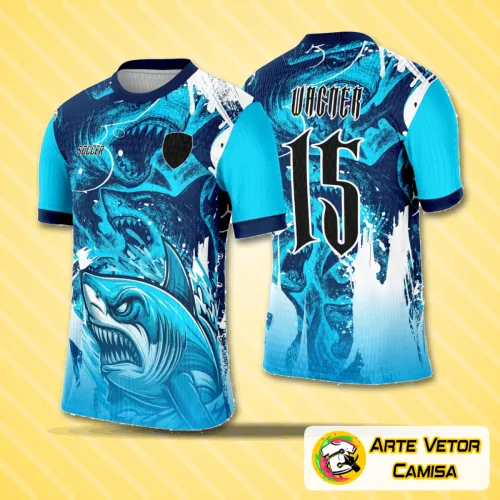 Camisa com logo no peito discreto e estampa grande nas costas que exibe um tubarão azul estilizado em design vibrante para evento interclasse