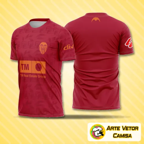 Camisa esportiva com logo no peito e estampa grande nas costas, destacando o design moderno e cores vibrantes da temporada 2025-2026 do Valencia em sua versão visita.