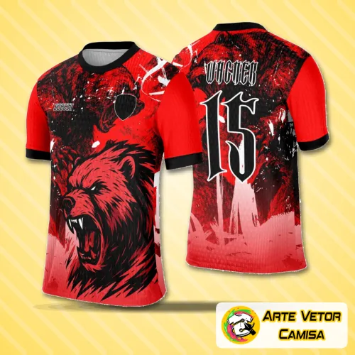 Camisa vermelha com logo no peito e estampa grande nas costas com desenho de urso estilizado em destaque