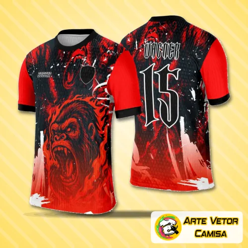 Camisa vermelha com logo no peito destacando o gorila e estampa grande nas costas que exibe o desenho imponente do gorila em tom vermelho vibrante, ideal para eventos de interclasse.
